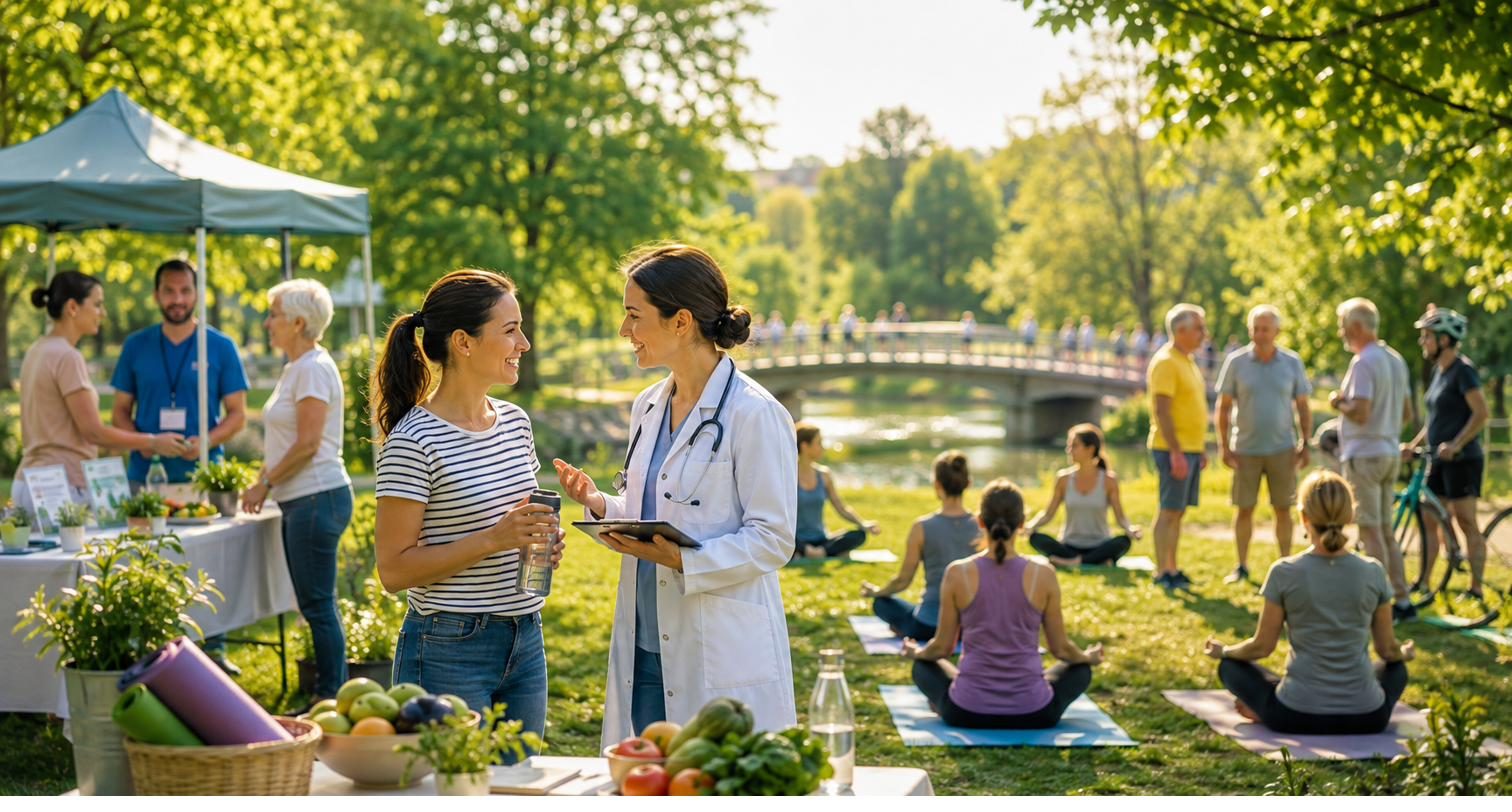 Látogatók és orvos beszélgetnek a piknik hangulatú egészségnapon, háttérben jógázók a parkban